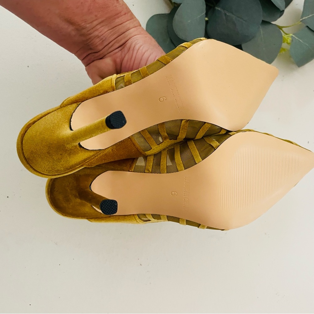 Faux Velvet Mustard Rhinestone Crystal Arch Heels Mules - Picture 8 of 10